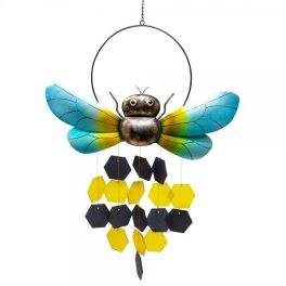 Decorative hanging bee ornament with blue wings and dangling hexagons