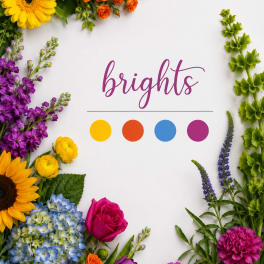 Bright mixed flowers framing the word "brights" on a white background