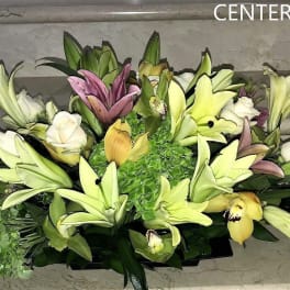Low centerpiece of white roses, cream lilies, green hydrangea, and orchids in a rectangular black container