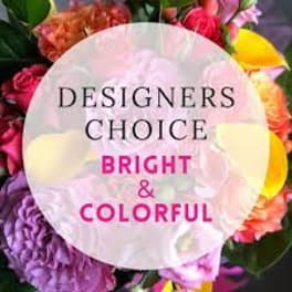 Bright mixed bouquet with a "Designers Choice" label