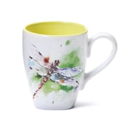 White mug with a dragonfly illustration and yellow interior
