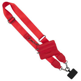 Red crossbody strap with a small zip pouch and metal hardware