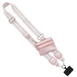 Pink striped crossbody strap with a small zip pouch