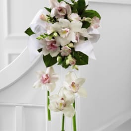 White pew decoration of pale pink and white orchids with a white ribbon and hanging stems.