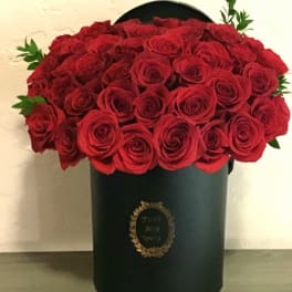 Red roses arranged in a black hatbox