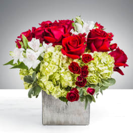 Red roses, white alstroemeria, and green hydrangeas in a square silver vase