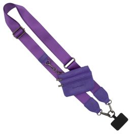 Purple crossbody strap with a small zip pouch and metal clips