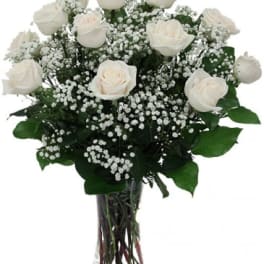 Elegant and Classy One Dozen White Roses in a Vase