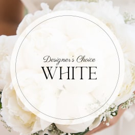 White floral bouquet with a designer's choice label