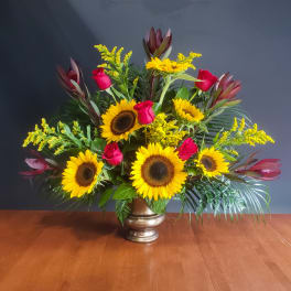 Red Rose and Sunflower Urn