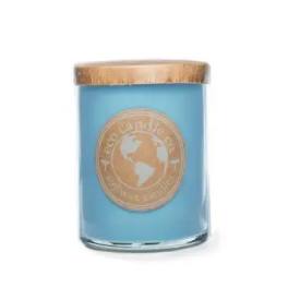 Blue candle in a glass jar with a wooden lid