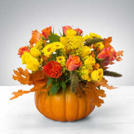 Autumn bouquet of yellow and orange flowers in a pumpkin container