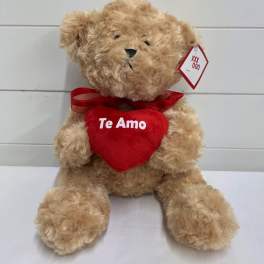 Tan teddy bear holding a red heart with the words "Te Amo" on a white surface