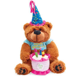Birthday teddy bear plush with party hat holding a pink cake with candles
