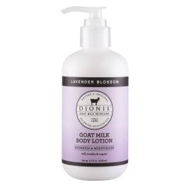 Bottle of lavender blossom goat milk body lotion with a pump dispenser