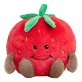 Strawberry-shaped plush toy with a smiling face