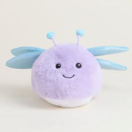 Round lavender plush toy with blue wings and antennae