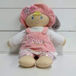 Plush doll in pink outfit with "My First Dolly" embroidery