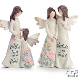 Two angel mother-and-child figurines with engraved sayings and pastel flower details on their dresses.