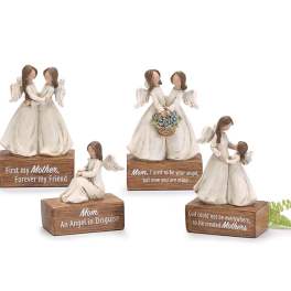 Set of four mother-and-child angel figurines on wooden bases with sentimental messages about moms.