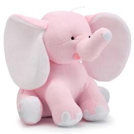 Pink plush elephant toy with white ears and feet