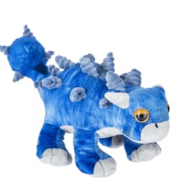 Blue plush dinosaur toy with gray spikes and white paws