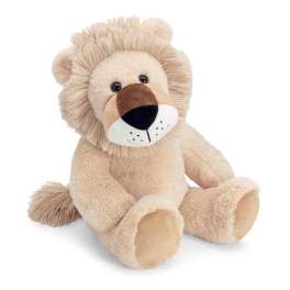 Soft beige plush lion toy with shaggy mane sitting against a white background