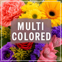 Multicolored bouquet with gerbera daisies, carnations, roses, and alstroemeria