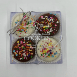 Box of four chocolate-covered cookies with colorful sprinkles
