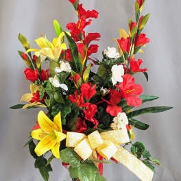 Memorial Graveside Cone Yellows/Reds - Artificial Arrangement