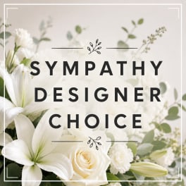 White lilies and roses with sympathy designer choice text