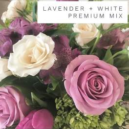 Lavender and white rose bouquet with purple flowers