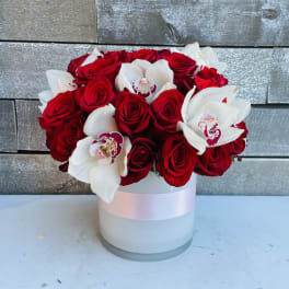 Red roses and white orchids arranged in a white round box