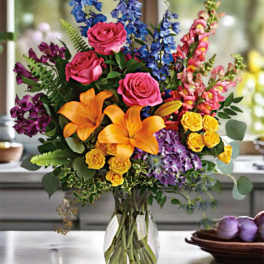 Colorful bouquet of roses, lilies, and snapdragons in a clear glass vase