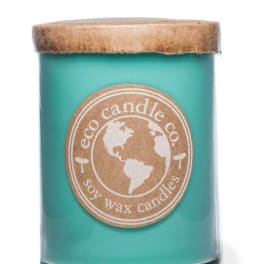Teal soy candle in a glass jar with a wooden lid
