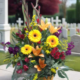 Basket arrangement with yellow gerberas, orange lilies, and purple flowers