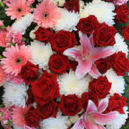 Bouquet of red roses, pink gerberas, white mums, and pink lilies