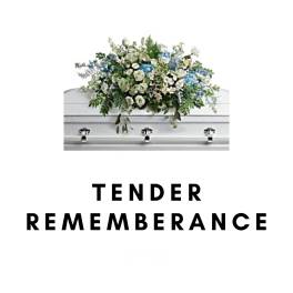 White and blue floral casket spray on a white casket