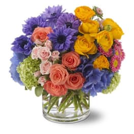 Colorful mixed bouquet of roses, daisies, and hydrangea in a clear glass cylinder vase