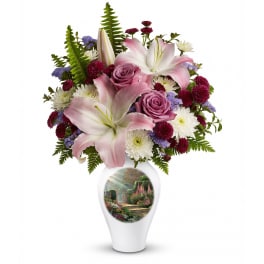 Pink lilies, lavender roses, and burgundy mums in a white vase with a painted garden scene