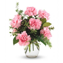 Small arrangement of pink carnations in a clear glass vase with lush foliage.