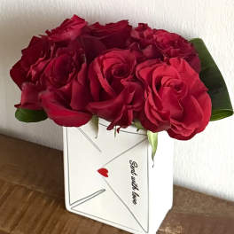 Red roses arranged in a white envelope-shaped box