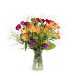Mixed bouquet of orange alstroemeria, magenta roses, and purple daisies in a glass vase