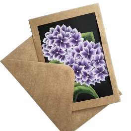 Hand painted card with purple hydrangeas