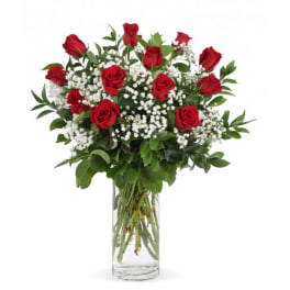 Tall glass vase of long-stemmed red roses with white filler flowers and lush foliage