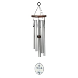 Metal wind chime with silver tubes and a cross pendant