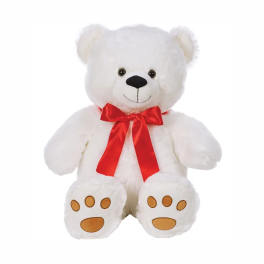 White teddy bear with a red ribbon bow