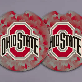 Two Ohio State logo round items with red and gray tie-dye pattern