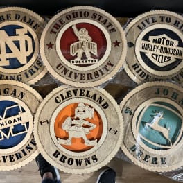 Six round collegiate logo plaques with team names and mascots