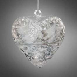 Clear glass heart ornament with a frosted floral pattern
